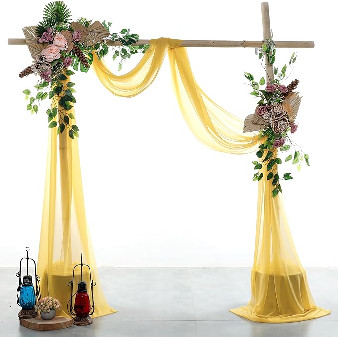 VDS Pack of 2 Panel (30 Inch X 40 Feet) Wedding Arch Draping Fabric Sheer Chiffon Fabric Drapery for Wedding Ceremony Reception Swag Backdrop Canopy Chuppah ARBO Altars Decoration (Gold)