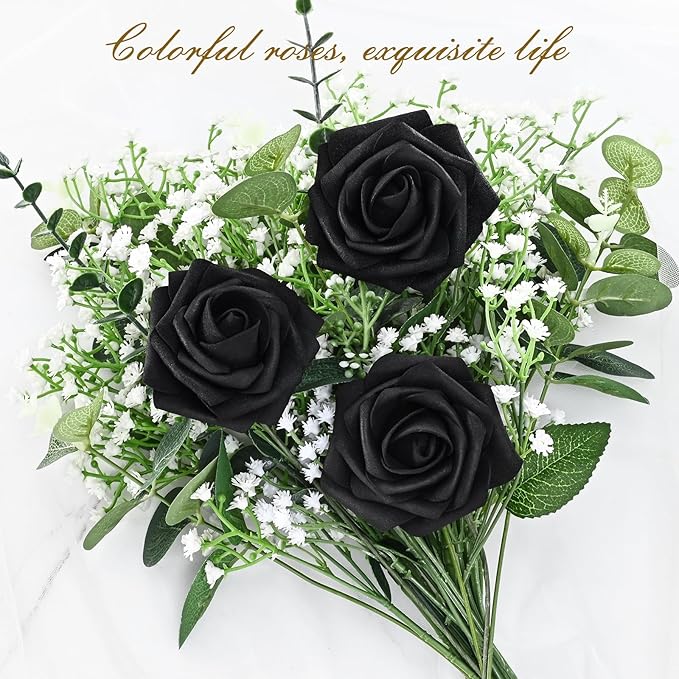 BLEUM CADE 16Pcs Artificial Flowers Fake Roses with Stems, Black Boxed Foam Roses for DIY Bouquets Centerpieces Wedding Party Arrangement Bridal Shower Decor