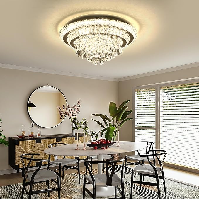 24 inch Crystal Silver Ceiling-Light Flush Mount with Remote Control and APP, 3CCT Dimmable & Brightness Adjustable, Modern Crystal Raindrop Chandeliers for Bedroom Hallway Dinning Room Living Room