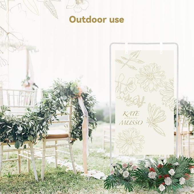 Wedding Sign Holder, Adjustable Welcome Sign Stand w/ Leather Hanging Strap, Satin Ribbon & Carry-on Bag, Heavy Duty Easel Stand for Wedding Seating Chart, Display & Poster (White)