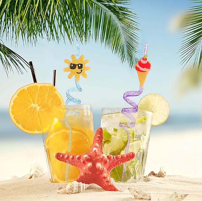 24 Beach Drinking Straws Beach Ball Pool Summer Birthday Party Supplies Decorations Glitter Pool Party Straws With 2 PCS Cleaning Brushes