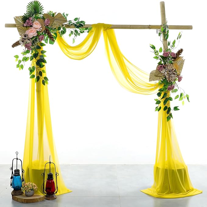 VDS Pack of 2 Panel (30 Inch X 100 Feet) Wedding Arch Draping Fabric Sheer Chiffon Fabric Drapery for Wedding Ceremony Reception Swag Backdrop Canopy Chuppah ARBO Altars Decoration (Yellow)