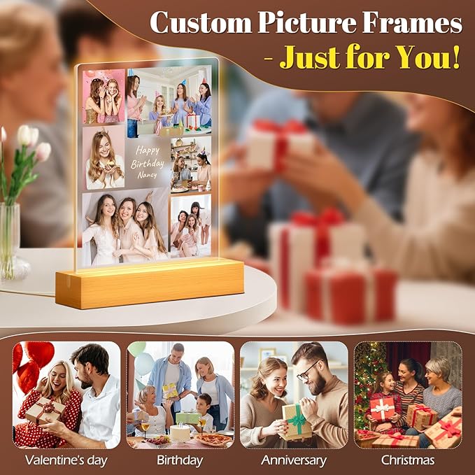 Custom Picture Frames with Photo, Personalized Photo Frame with Night Light, Customized Picture Frames, Personalized Birthday Gifts for Women, Her, Bestie, Best Friends