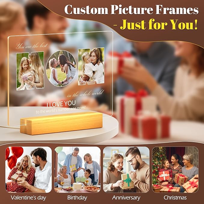 Custom Picture Frames with Photo, Personalized MOM Photo Frame with Night Light, Customized Picture Frame, Personalized Birthday Gifts for Mom, Baby, Kids, Family