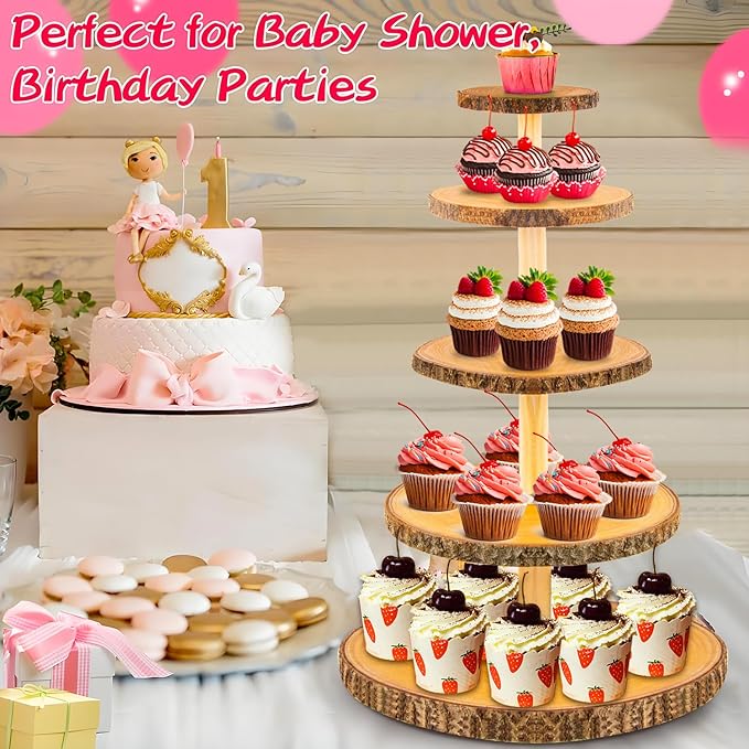 5-Tier Rustic Wooden Cupcake Stand - Large Capacity Display Stand for Woodland Baby Showers, Weddings, Birthdays, Parties, and Farmhouse Decor.