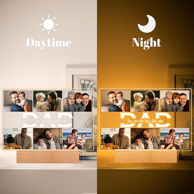 Personalized Gifts for Dad from Daughter Son, Custom Picture Frames with Photos, Customized Photo Frame with Night Light, Personalized Dad Gifts for Birthday Fathers Day Christmas