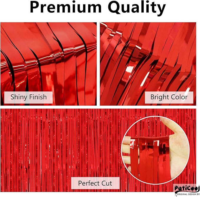 Christmas Decorations Red Streamers - Thicken 2 Pack 3.2 x 8.2 FT - Red Tinsel Foil Fringe Curtains Party Backdrop for Birthday, Casino, Carnival, Cherry, Hollywood Red Carpet Party Decorations