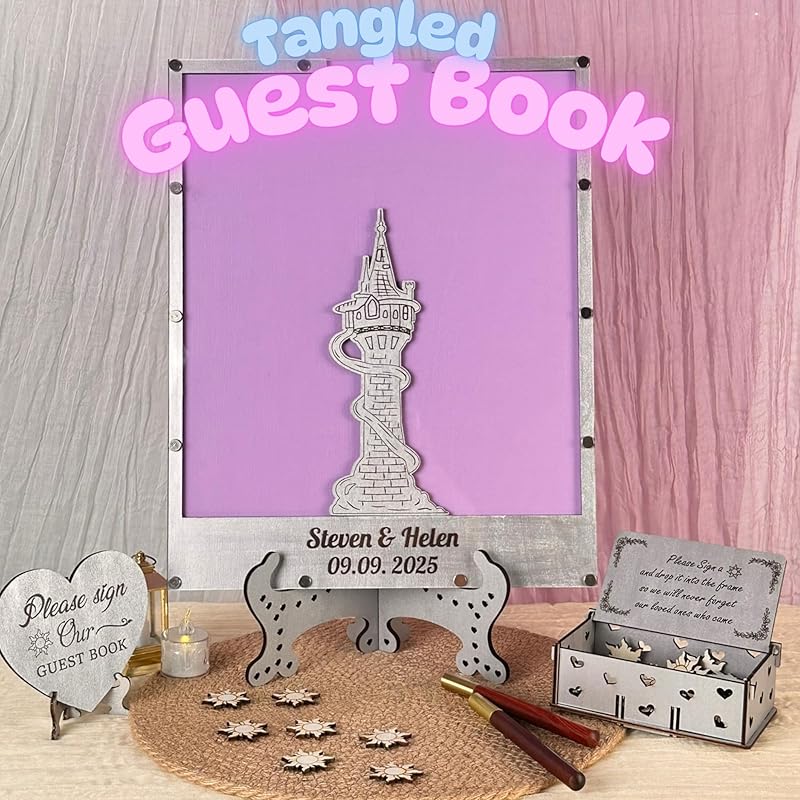 Tangled Guest Book for Wedding | Silver Princess Tower Guest Book Alternative | Fairytale Wedding Guestbook | Personalized Wooden Sign In Book Keepsake