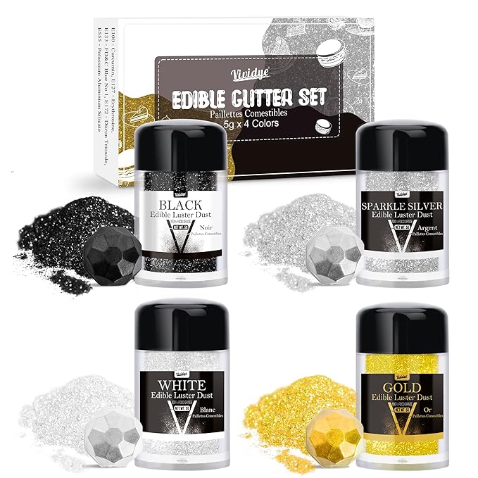 Edible Glitter - 4 Colors 5g / Bottles Luster Dust Edible Glimmer Powder for Sparkling Drinks, Foods, Wine, Cake, Beverage - Food Grade Shimmer Dust Powder for Cocktails, Baking, Halloween Decoration