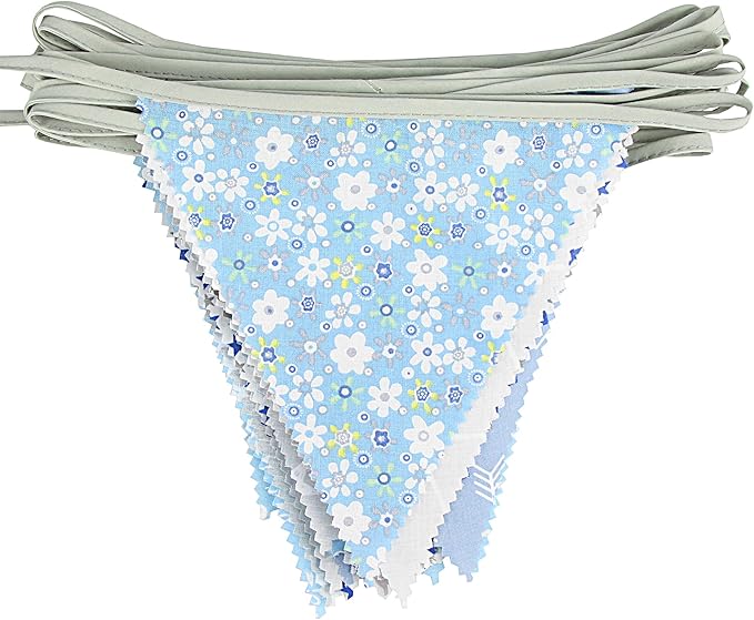 jijAcraft 39Ft Triangle Bunting Banner, 42Pcs Tea Floral Party Bunting Cotton Fabric Flags Pennant Garlands for Birthday Party, Wedding, Baby Shower, Outdoor and Home Decorations (Gray and Blue)