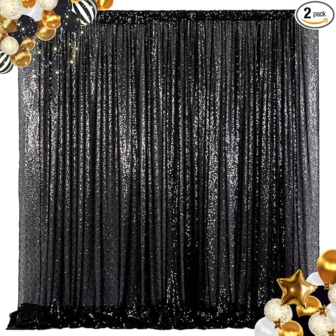 ShinyBeauty 4FTx8FT Black Sequin Backdrop,Sequin Photo Booth Backdrop,Sparkling Photography Prop Shimmer Backdrop Curtain for Birthday Party Decoration