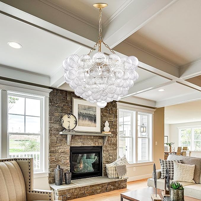 Nordic Bubble Ball Swirled Glass Chandelier, Diam 31" Gild Gold and Clear Modern Hand Blown Glass Pendant Light Fixture for Dining Room, Bedroom, Study, Restaurant, Hallway