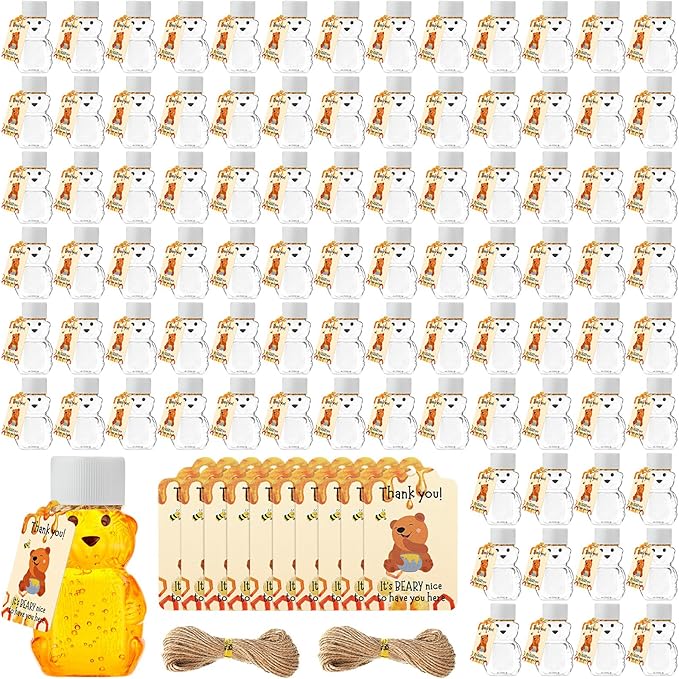 96 Sets 2 oz Plastic Honey Bear Bottle Bear Shape Clear Empty Honey Jar 96 Tags 2 Rolls Jute Rope Honey Containers Empty Honey Dispenser for Baby Shower Party Favors Gifts (White Lid)