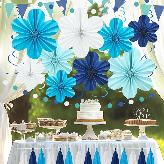 Navy Blue Party Decorations Set, 22 Pcs Hanging Paper Flowers, Tassel Garland & Swirls for Weddings, Bridal Showers, Baby Showers, Birthday, Classroom Decor, Backdrop Supplies