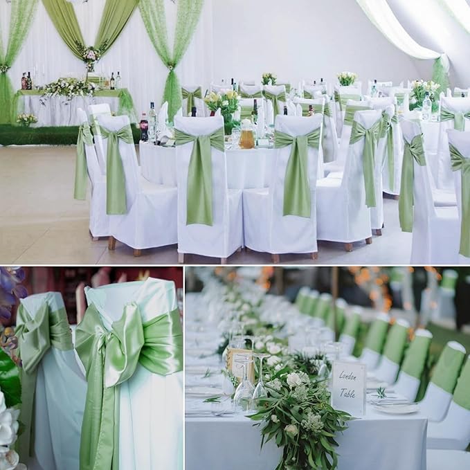 50 PCS Satin Chair Sashes Bows Decorative Universal Chair Cover Chair Ribbon Ties Back Sash for Wedding Party Ceremony Reception Hotel Event Banquet Restaurant Home Kitchen Decor(7x108inch,Sage Green)