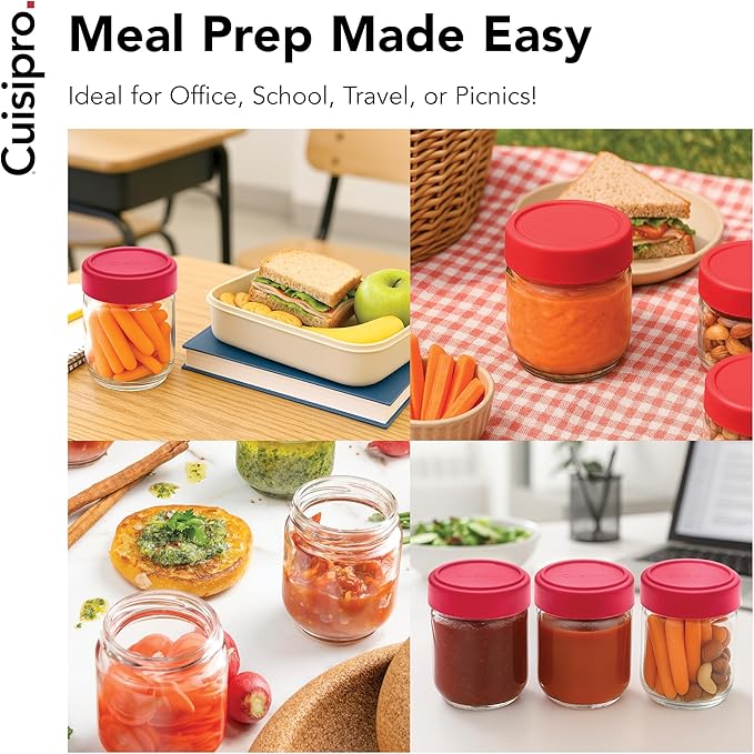 Cuisipro Jars with Lids, 6 Oz Glass Jars with Airtight Lid Wide Mouth, 4 Pack, Canning Jars for Liquid, Glass Container for Yogurt, Spice, Red