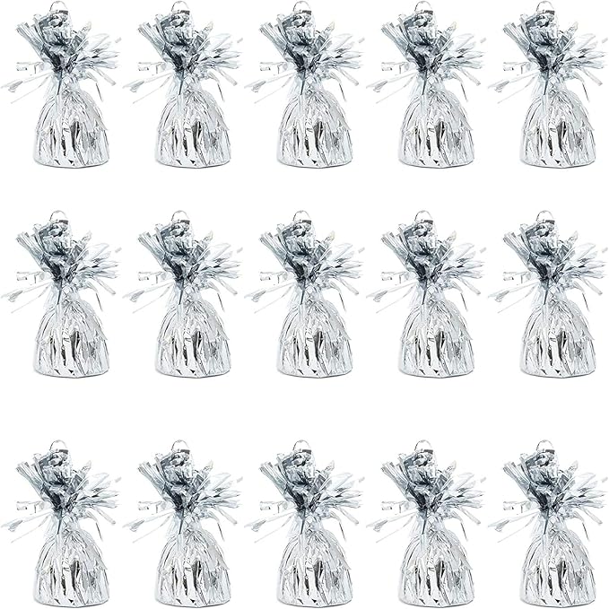 BLUE PANDA Balloon Weights - 4.5 x 2.35 in, Silver, 15 Pack - Table Balloon Stand Weight & Holder with Tinsel Tassel Fringe & Hook