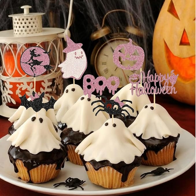 60Pcs Halloween Cupcake Toppers, Bat Pumpkin Ghost Cupcake Decorations for Halloween Party Supplies,Pink Multi Style1