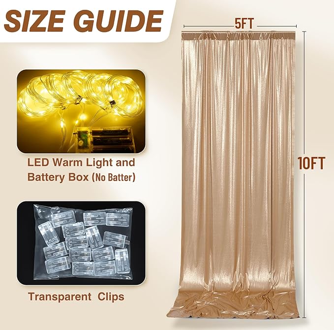 PartyVillage 30x10FT Champagne Gold Sequin Backdrop Curtain with String Lights – 6 Panels 5x10FT Sparkly Wrinkle-Free Glitter Backdrop Drapes for Wedding, Birthday, Photography, Graduation Party Décor
