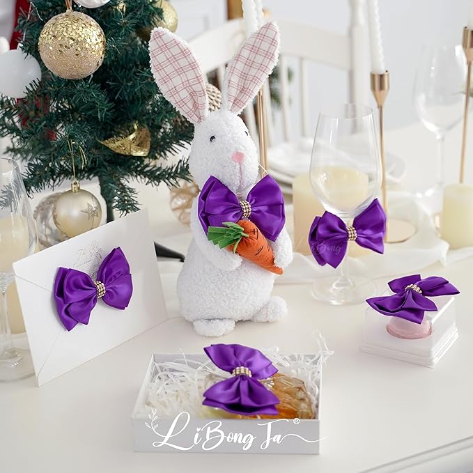 Purple Ribbon Bow 4'' Premade Satin Bow, Purple Gift Bows with Rhinestone, Wrapping Bows for Presents, Greeting Cards, Treat Bags, Wine Bottles, Valentines Bows for Gift Wrapping-12 Counts