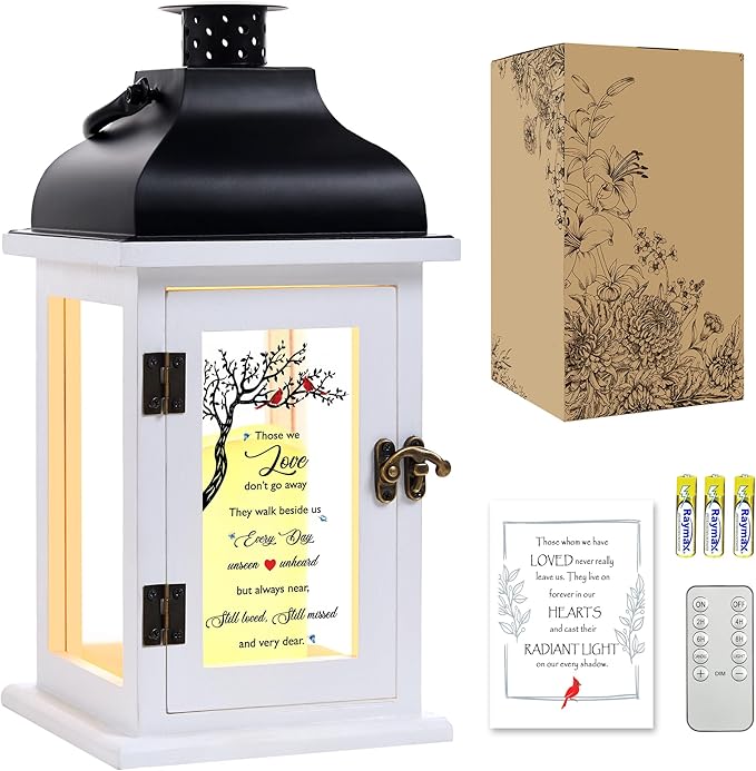 WOODEXPE Memorial Lantern Sympathy Gift for Loss of Loved One with Flickering LED Candle and Remote Control Bereavement Remembrance Memorial Gift