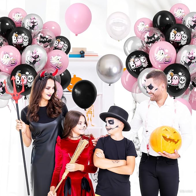 Halloween Party Balloons Decorations,12 Inch Pink and Black Balloons Set Pink Silver Print Balloon Cute Balloon for Halloween Themed Party Supplies