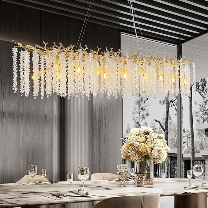 YUYI Gold Crystal Chandelier, Modern 60" Rectangular Chandeliers for Dining Room,K9 Large Luxury Flush Mount Chandelier for Foyer Living Room,Kitchen Island Hanging Light Fixture