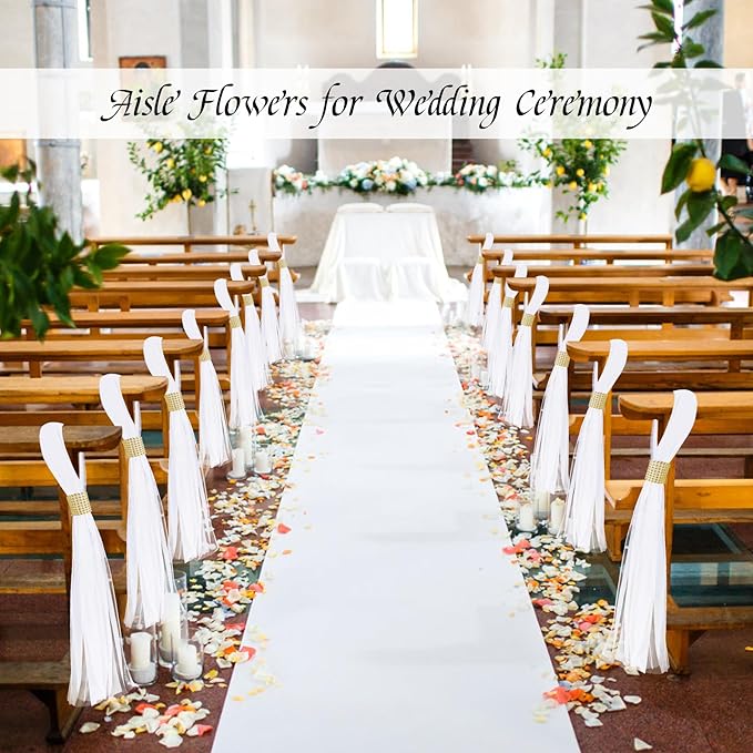 Large White Pew Bows Tulle Wedding Aisle Chair Decorations, Extended Church Pew Decor Aisle Flowers Runner for Weddings Ceremony Outside Decorations (38, Gold Wrap)
