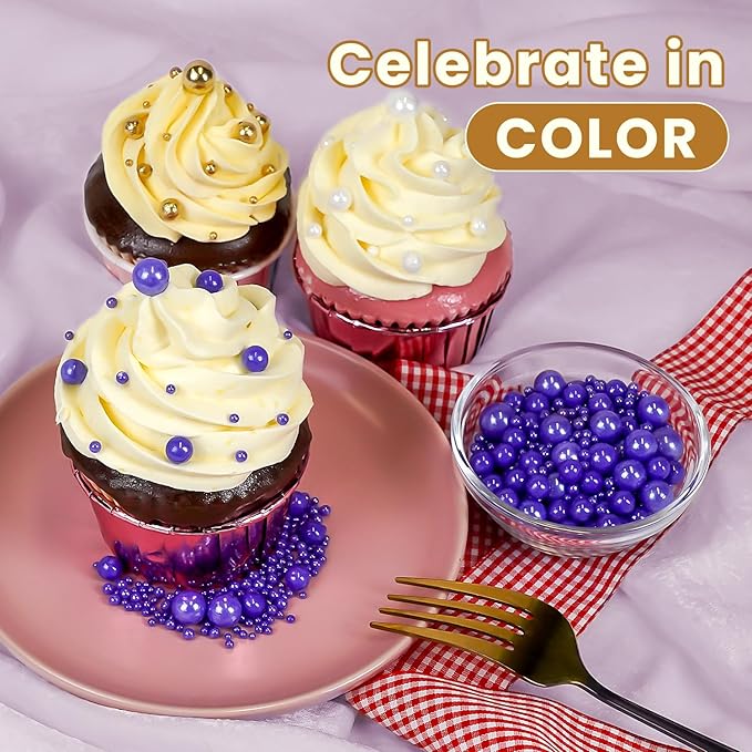 Edible Purple Pearl Sprinkles, Pearl Sugar Sprinkles, Edible Pearls for Cake Decorating, Cupcake Toppers, 180g/6.35oz, Mix Size, Cookie Decoration, Wedding Party Halloween Supplies