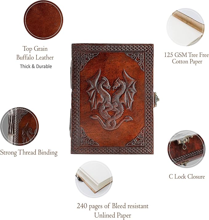 Handmade Leather Double Dragon Journal | Writing Notebook Diary | Bound Daily Notepad for Men & Women Unlined Paper Medium, Writing pad for Artist, Sketch