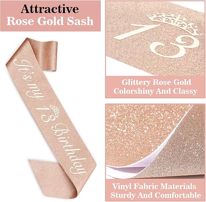 13th Birthday Decorations for Girls, Including Sash, Crown/Tiara, Candles and Cake Topper, Rose Gold Teen Girl Gifts for 13 Year Old Birthday Decorations