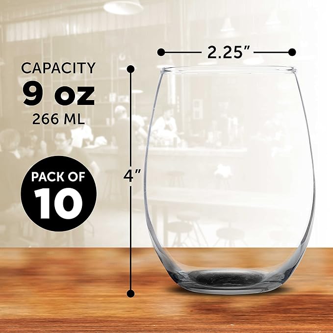 DISCOUNT PROMOS Stemless Wine Glass 9 oz. Set of 10, Bulk Pack - Great for Wedding Favors, Bachelorette Party and More - Black Bottom Color