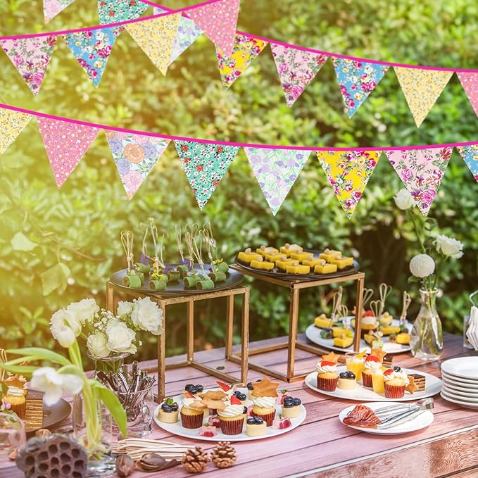 jijAcraft 39Ft Triangle Bunting Banner, 42Pcs Tea Floral Party Bunting Cotton Fabric Flags Pennant Garlands for Birthday Party, Wedding, Baby Shower, Outdoor and Home Decorations (Pink and Grenn)