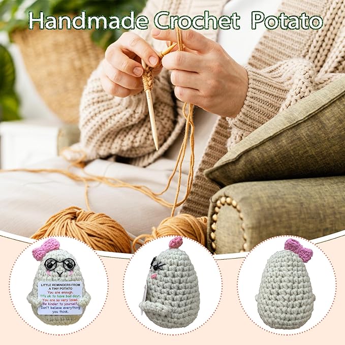 Handmade Crochet Positive Potato Gifts for Women Men Daughter Son Birthday,Teacher Nurse Week Graduation Gift,Handmade Kintted Crochet Doll with Emotional Encouragement Card,Desktop Decors