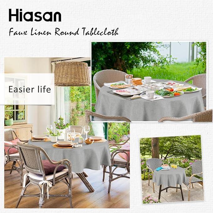 Hiasan 60 Inch Round Tablecloth Linen - Wrinkle and Stain Resistant Washable Polyester Fabric Table Cloth for Patio Dining Room Kitchen Party, Light Grey