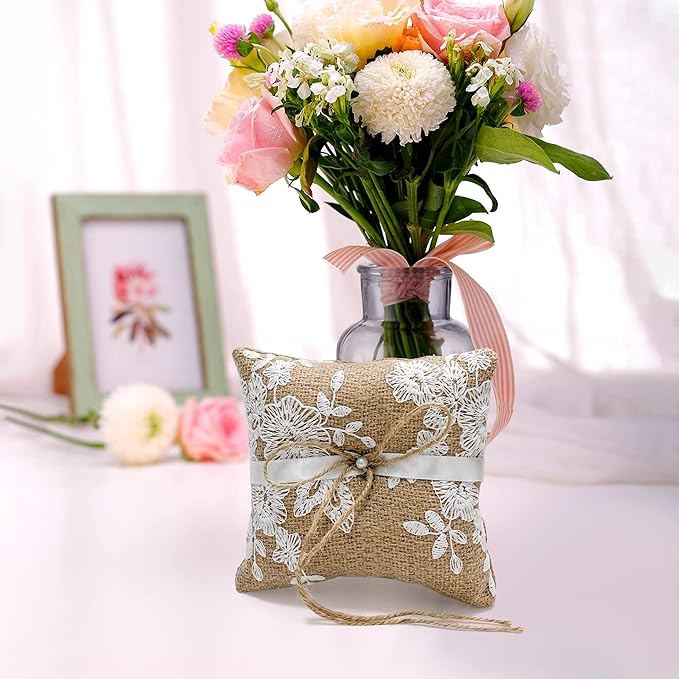 Ring Bearer Pillows Lace Bow Flower for Fall Wedding Ceremony with Vintage Rustic Lace Bow Pearl Embroidered Flower Ribbon (6 inch)