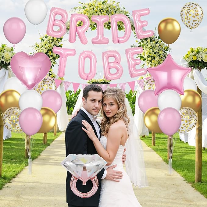 Pink and Gold Bachelorette Party Decorations, Pink Bride To Be Bridal Shower Balloons Decorations, Pink Gold Confetti Balloons with Diamond Ring Star Heart Balloon for Bachelorette Engagement Wedding