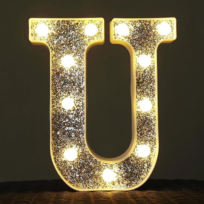 Light Up Letters, Marquee Light Letters for Table Decorations, Glitter Light Up Signs for Prom, Events, or Engagement Party Decor, Featuring Alphabet & Number Lighted Letters, Letter U