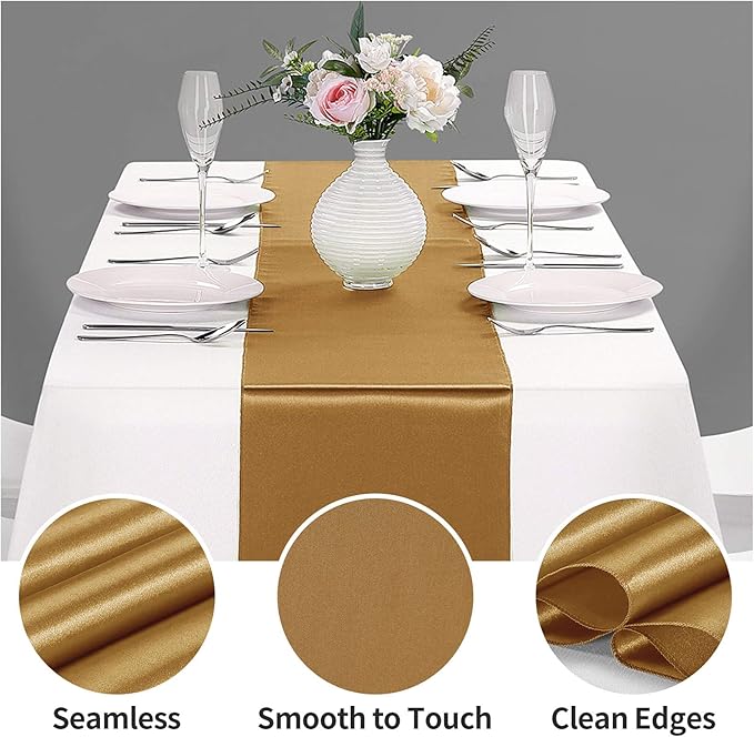 5-Pack Satin Table Runner Old Gold 12 x 108 inches Long, Table Runners for Wedding, Birthday Parties, Banquets Decorations（5 Pack, 12x108 Inch, Old Gold）