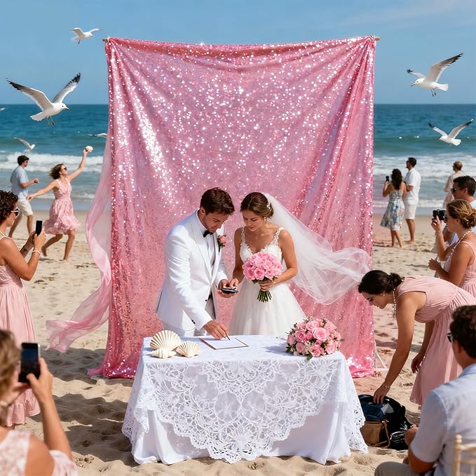 VOK Pink Sequin Backdrop Curtains 2 Panels 2FTx8FT Glitter Photography Background for Wedding Birthday Christmas Party Decorations