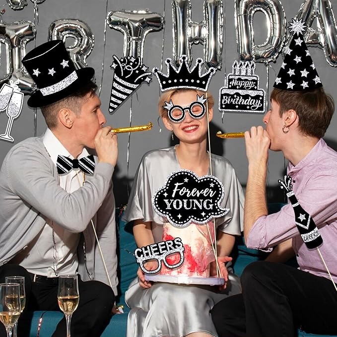 36 PCS Birthday Photo Booth Props Party Supplies Holiday Picture Decorations Photo Booth Props for Birthday Party Favors Pose Sign Kit Fun for Party (Silver and Black)
