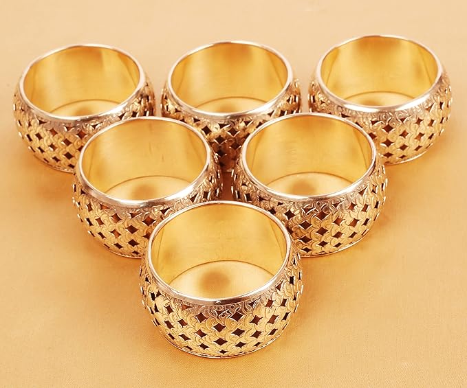 Brass Base Handcrafted Beautiful Hand Cut Mesh Work Large Size Party Dining Table Napkin Holders in Gold Tone. (Set of 6).