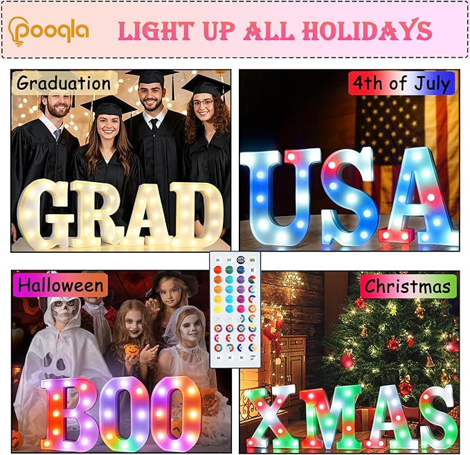 Pooqla Colorful Light Up Letters with Remote, Upgraded 35 Colors LED Marquee Letters, RGB Lighted Letter for Girls Teenager Gift, Birthday, Party, Wedding, Night Light, Room, Bedroom Decor, Letter I