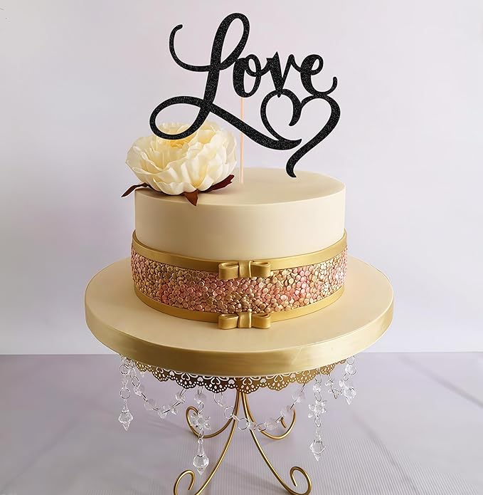 Love Cake Topper - Black Glitter Paper Wedding Cake Decoration Supplies, Perfect for Bridal Shower/Engagement/Anniversary/Birthday Party