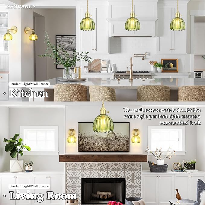 Vintage Gold Rechargeable Pendant Light with 70 Inch Cord and Exquisite Tulip Green Glass Shade for Kitchen Island, Living Room & Dining Room, Ideal Hanging Light for Multiple Spaces