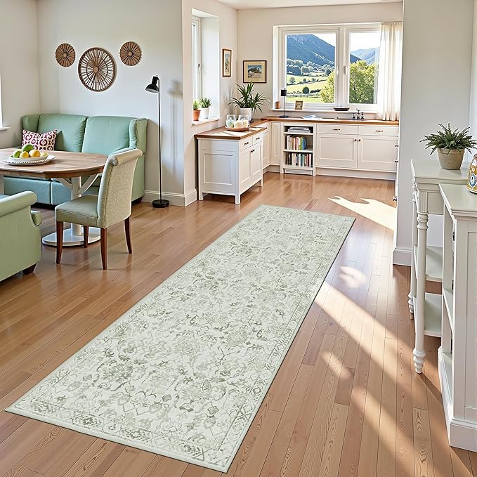 Sage 3x10 Runner Rug for Hallways Bed Side Kitchen, Boho Washable Distressed Low-Pile Floor Entryway Long Bathroom Mat, Non-Slip Laundry Room Washstand Front Carpet Green 36x84 Inch