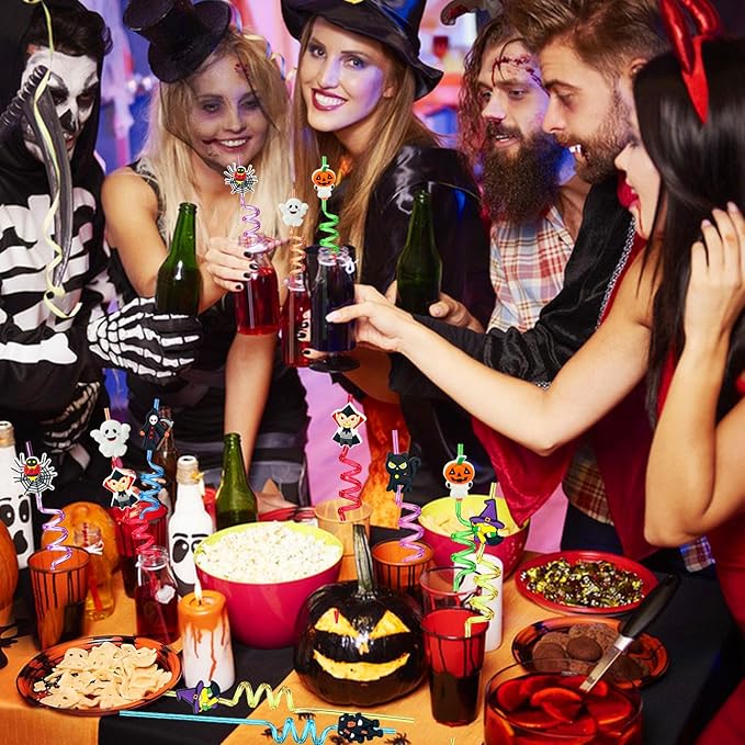 24 PCS Reusable Straws for Halloween Theme Party Birthday Decorations with 2 PCS Cleaning Brushes (Halloween Pumpkin)