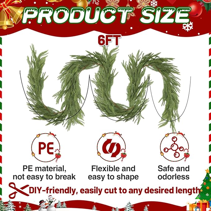 6ft Christmas Norfolk Pine Garland - Real Touch Artificial Greenery Cedar Garland for Xmas Fireplace Mantle Table Window Home Holiday Decoration
