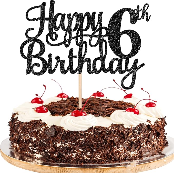 1 PCS Happy 6th Birthday Cake Topper Glitter Cheers to 6 Years Cake Pick Number 6 Fabulous Cake Decoration for 6th Birthday Theme Party Decorations Supplies Black