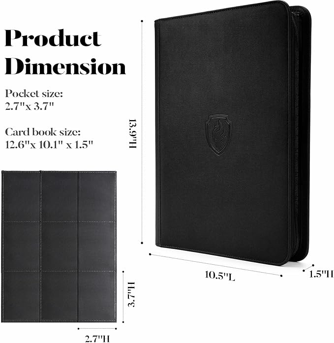Premium Zip Card Binder, Fabmaker 9 Pocket Trading Card Binder, PU Cover Zipper Card Collection Album, Sturdy 360 Side-Loading Card Folder Holder for MTG, TCG, Game Cards, Sports Cards, Black